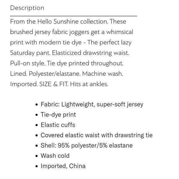 NWOT|PJ Salvage Hello Sunshine Tie Dye Lounge Pants, XS - Picture 4 of 9
